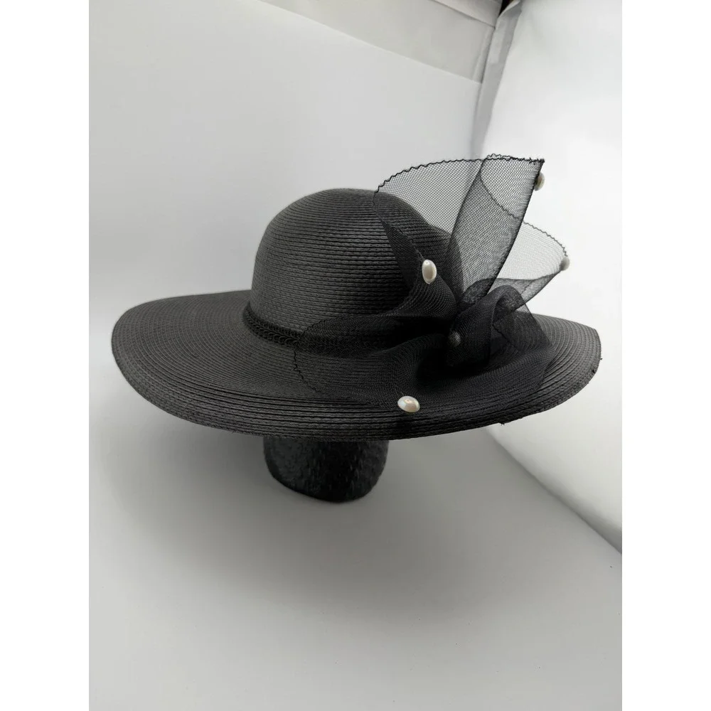Vintage Black Straw Wide Brim Church Hat Mesh Bow Faux Pearl Derby Wedding Hat